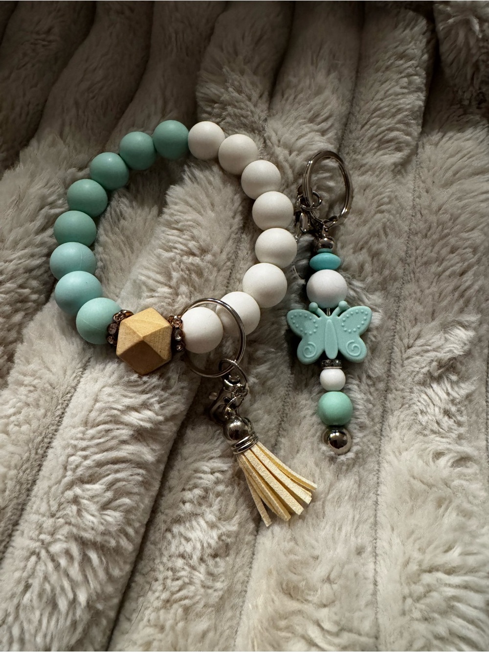 Beaded Mint & White Keyring Wristlet with Butterfly Charm